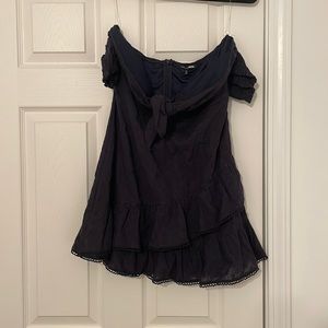 Navy Blue Strapless Cuffed Sleeve Dress